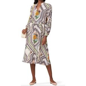 Tory Burch Homage Printed Floral Silk Midi Dress Ivory S